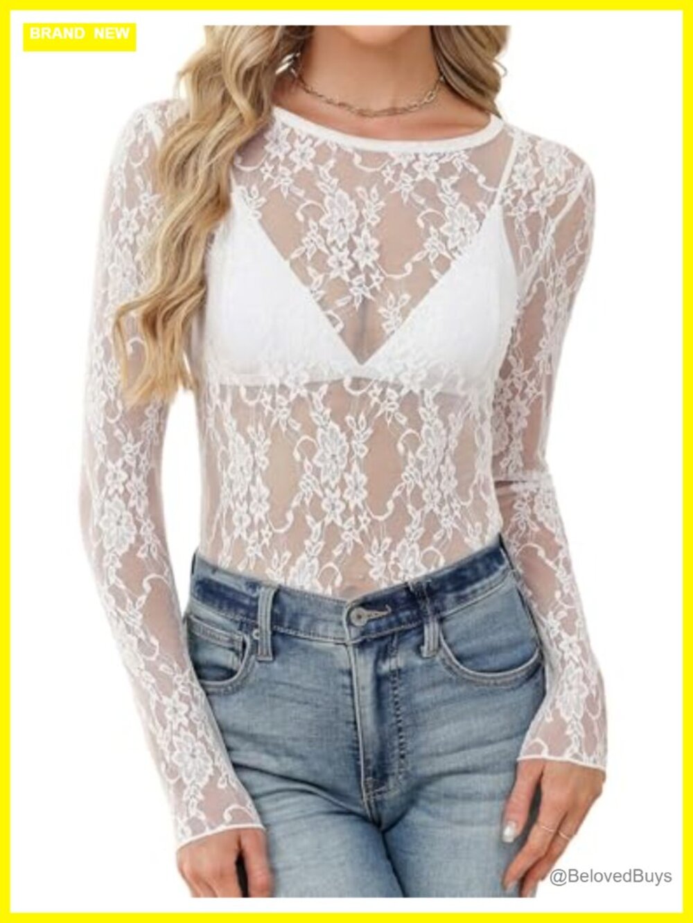 Womens Mesh Lace Long Sleeve Crew Neck See Through Blouse